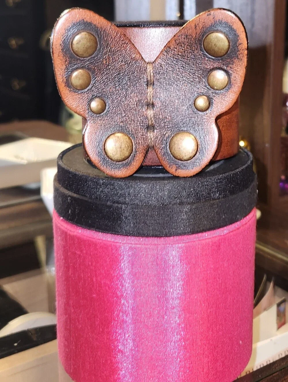 Three Bird Nest Butterfly Leather Cuff Bracelet - Brown